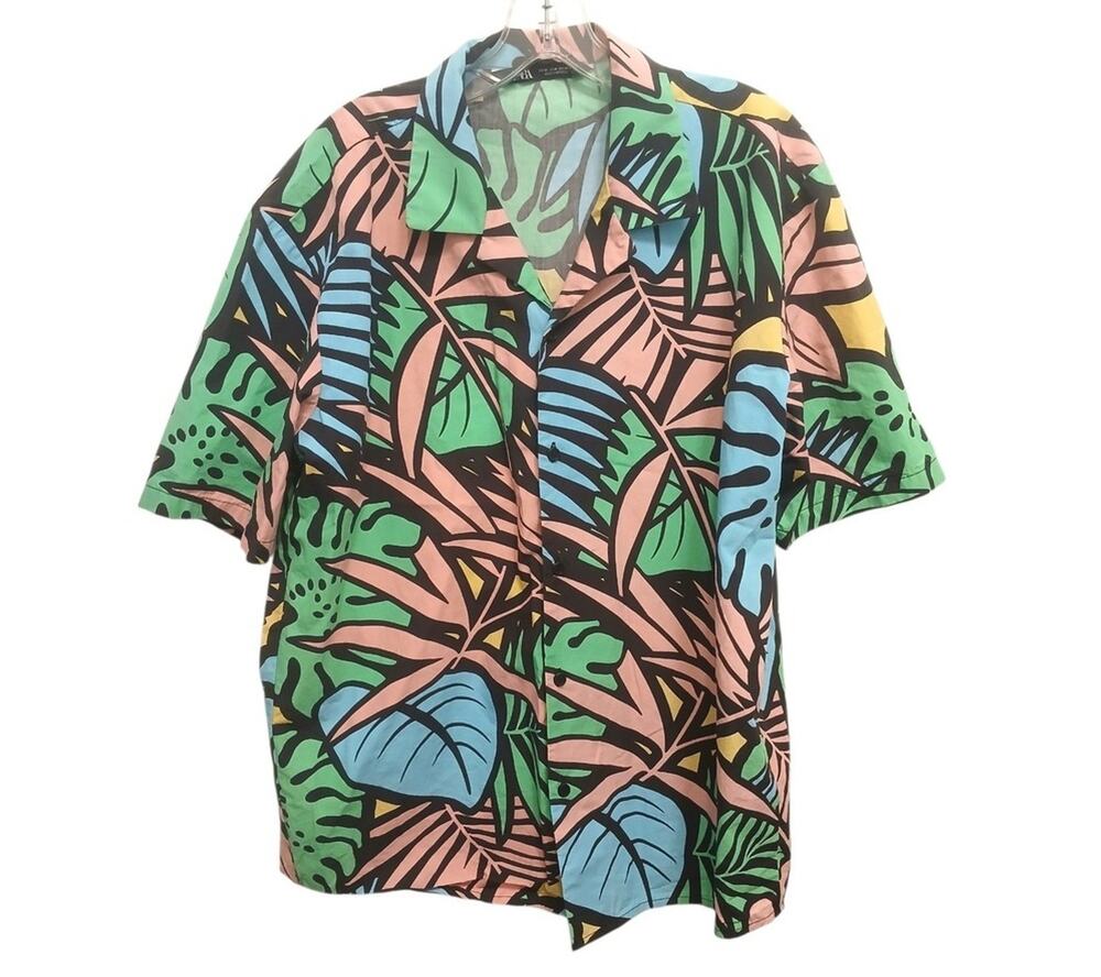 ZARA Tropical Party Shirt M Colorful Palm Luau Hawaii Floral Short Sleeve Button